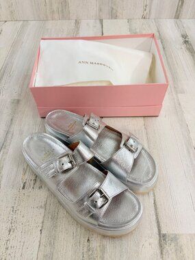 Ann Mashburn 40 9.5 Double Buckle Platform Sandals Silver Leather Shoes NWT